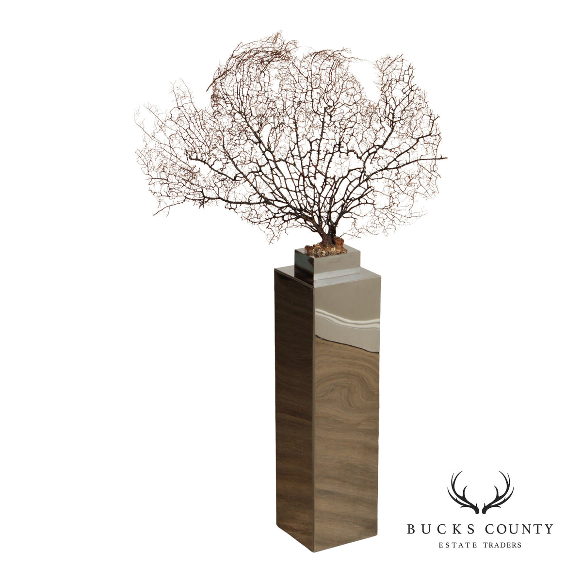 Modern Style Polished Stainless Steel Pedestal With Coral Fan Sculpture