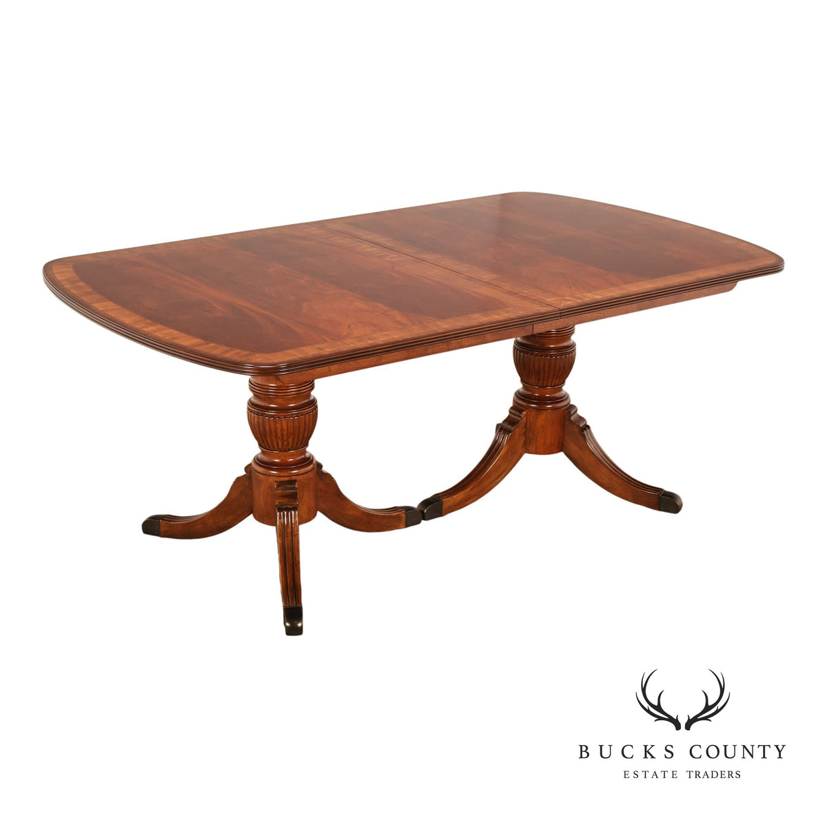 Georgian Style Banded Mahogany Double Pedestal Extension Dining Table