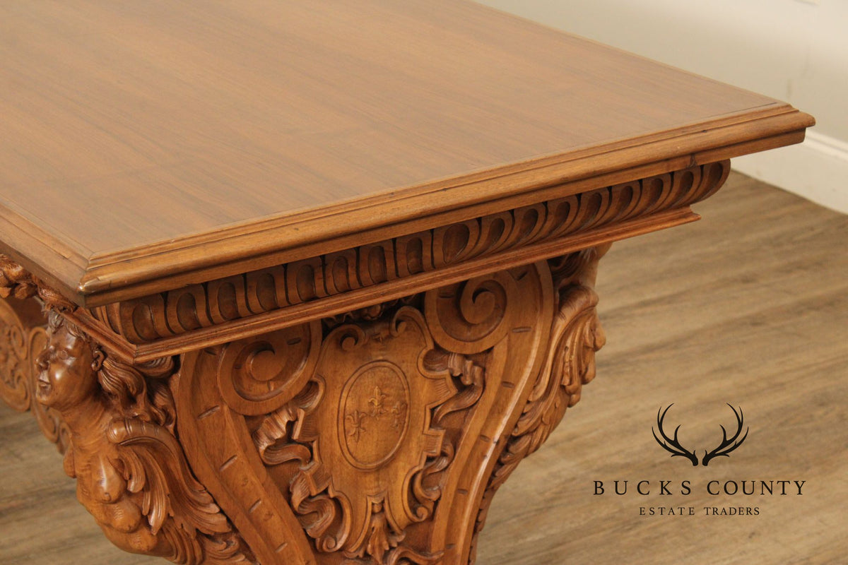 Antique Italian Renaissance Revival Carved Walnut Library Table
