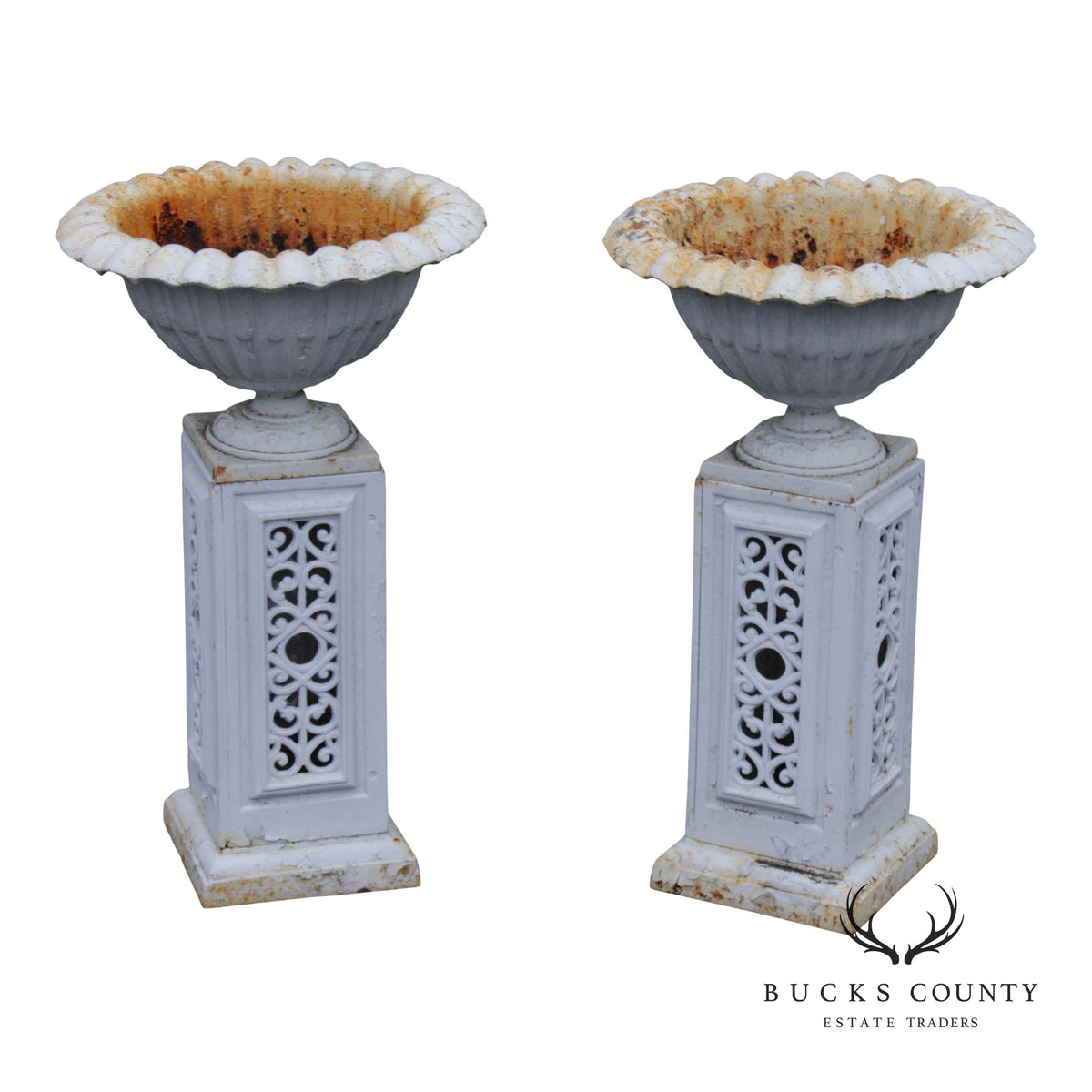 Vintage Pair of Painted Cast Iron Garden Urns on Stands