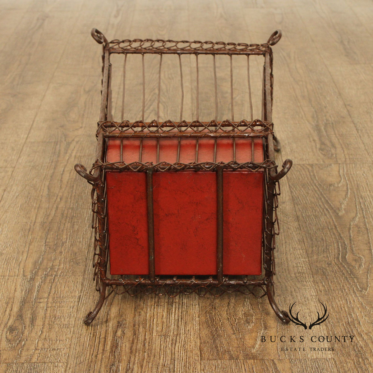 Vintage Wrought Iron Umbrella Stand with Red Liner