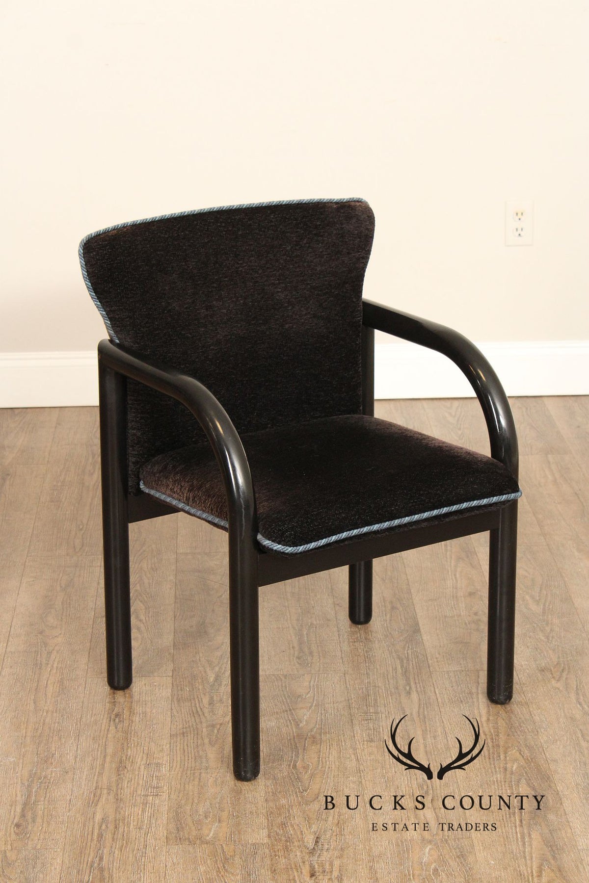 Postmodern Style Pair of Black Frame Upholstered Armchairs