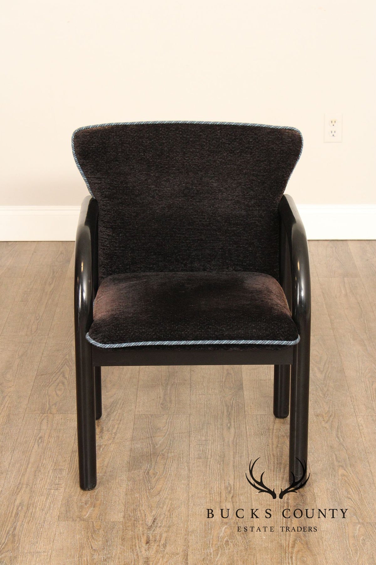 Postmodern Style Pair of Black Frame Upholstered Armchairs
