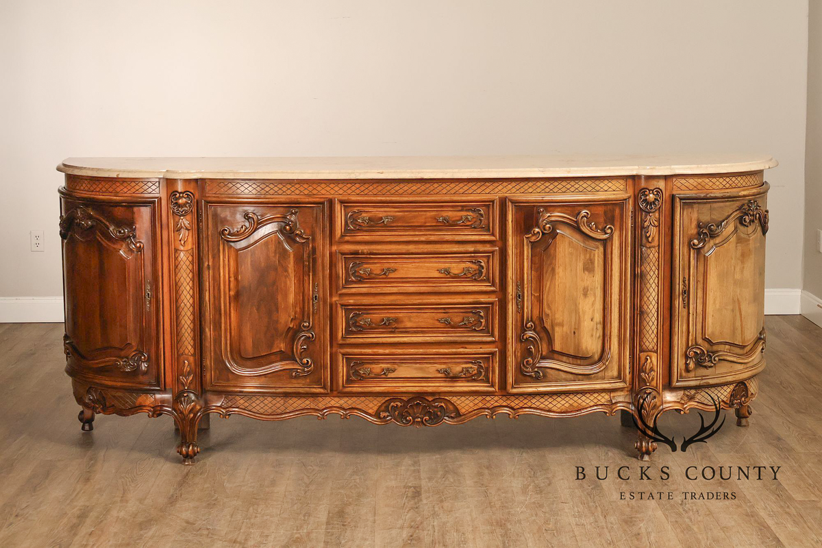 French Louis XV Style 106" Long Marble Top Walnut Sideboard