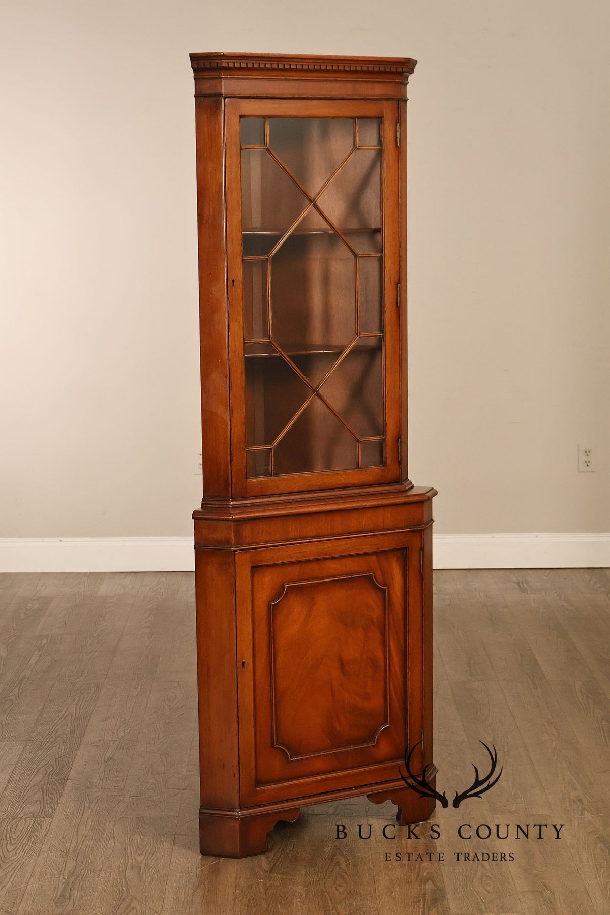 Georgian Style Narrow Mahogany Corner Cabinet With Geometric Glass Door