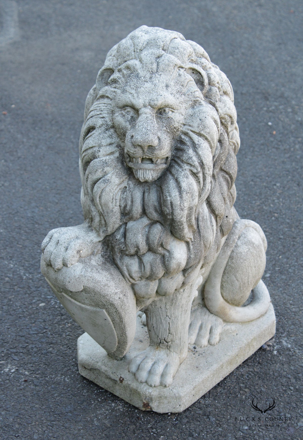 Vintage Cast Stone Lion with Shield Garden Statue