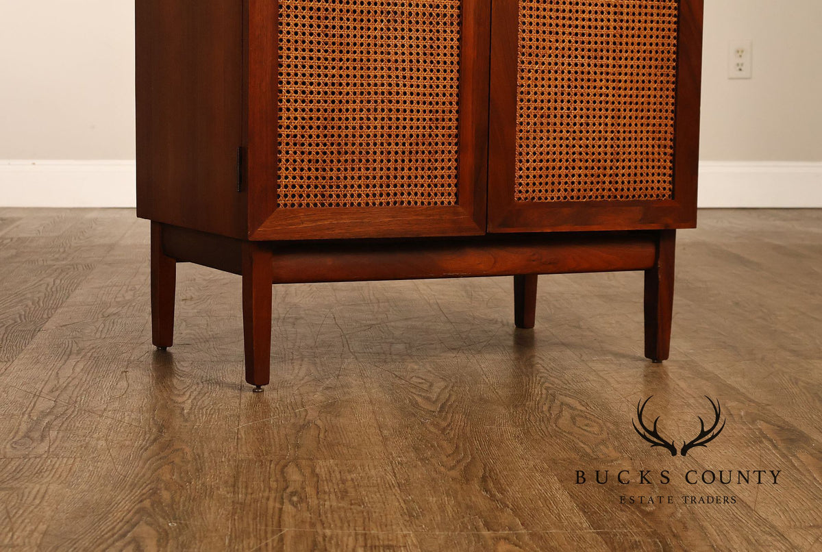Mid-Century Modern Walnut Cane-Front Storage Cabinet