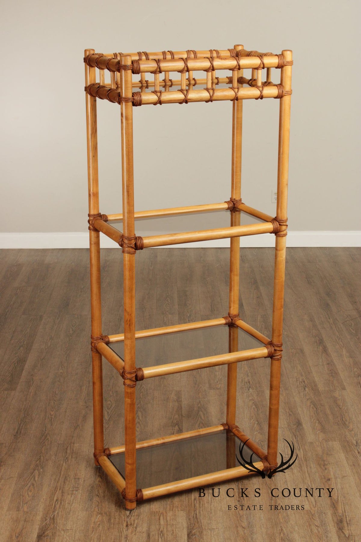 Vintage Coastal Style Bamboo And Glass Shelf Etagere