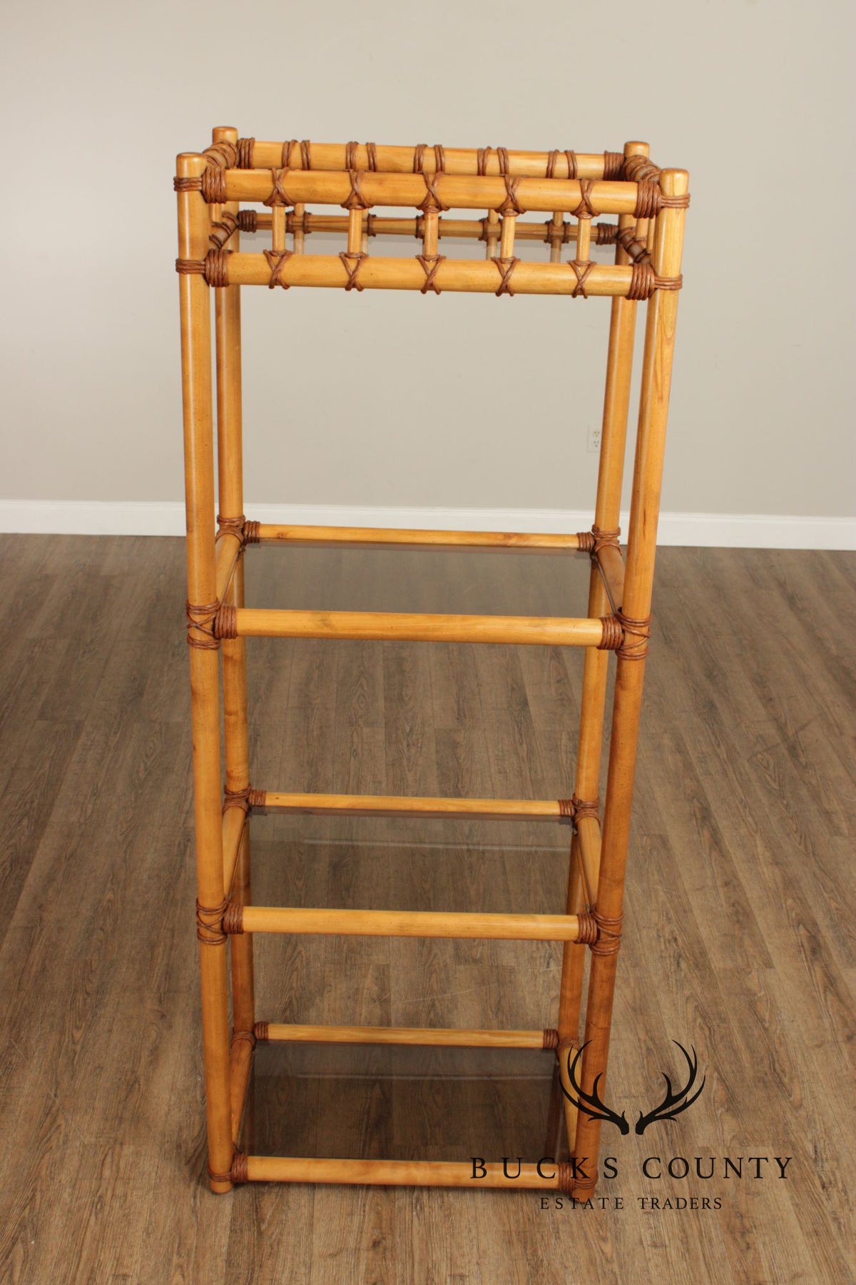 Vintage Coastal Style Bamboo And Glass Shelf Etagere