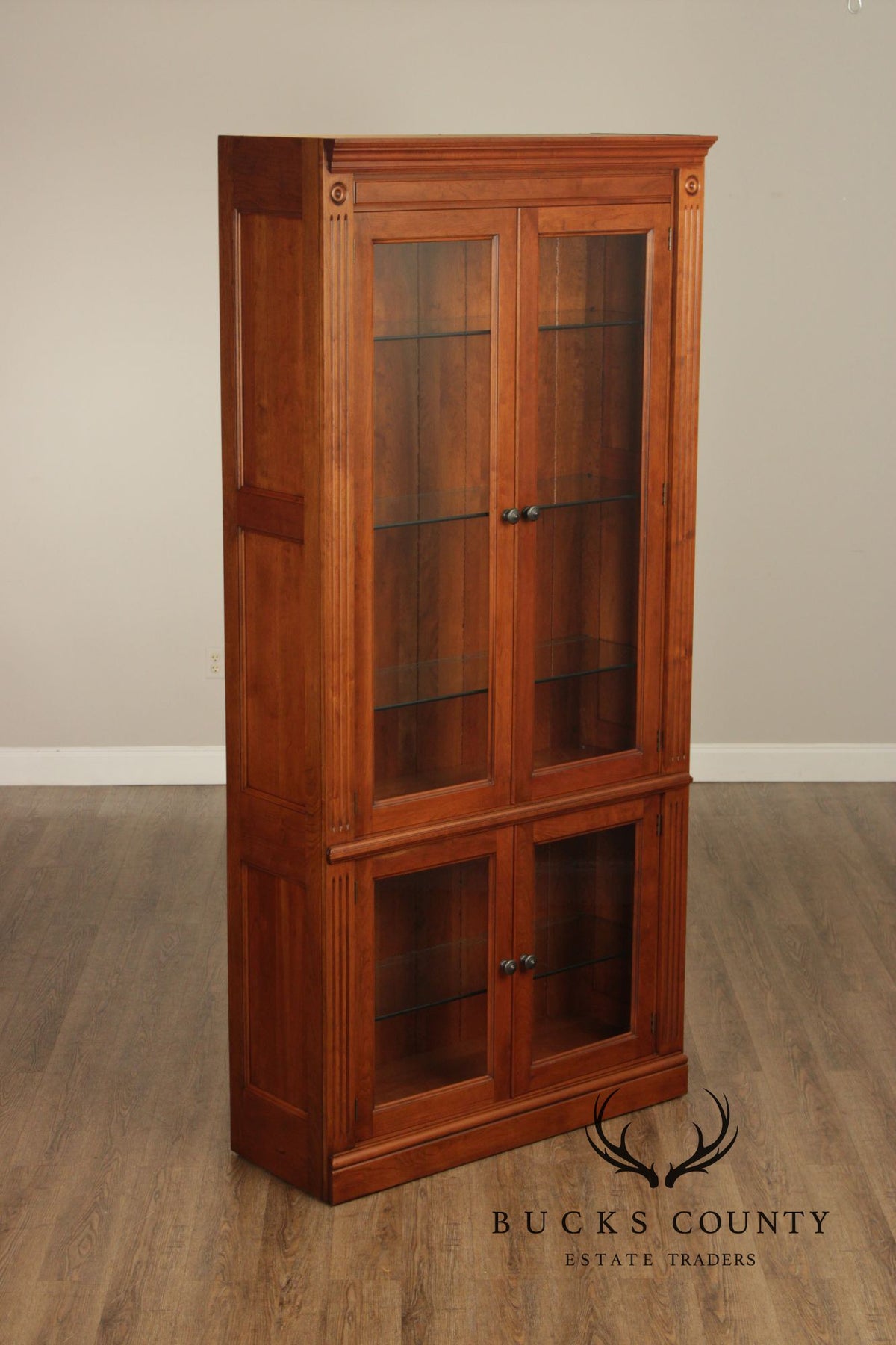 Stickley Tall Cherry Traditional Lighted Glass Door Display Cabinet