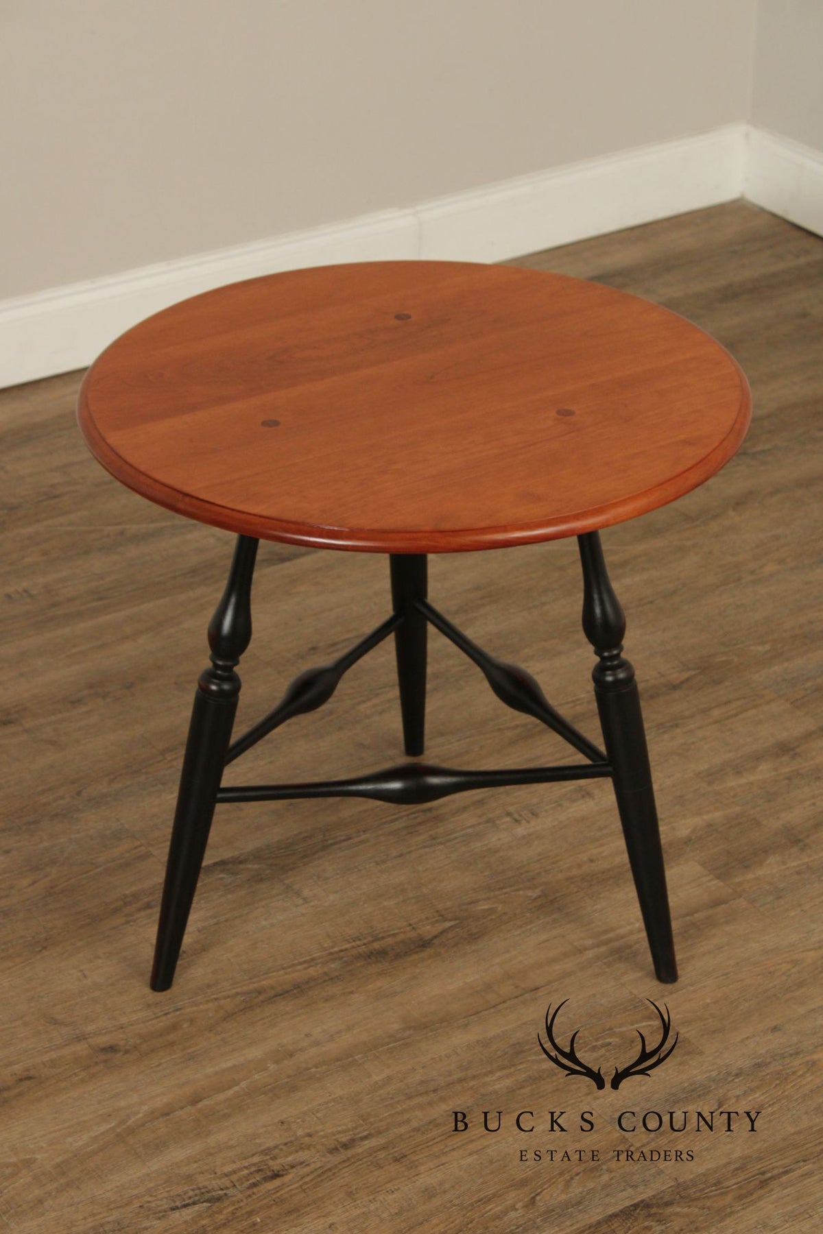 Custom Crafted Windsor Style Round Cherry and Ebonized Maple Side Table
