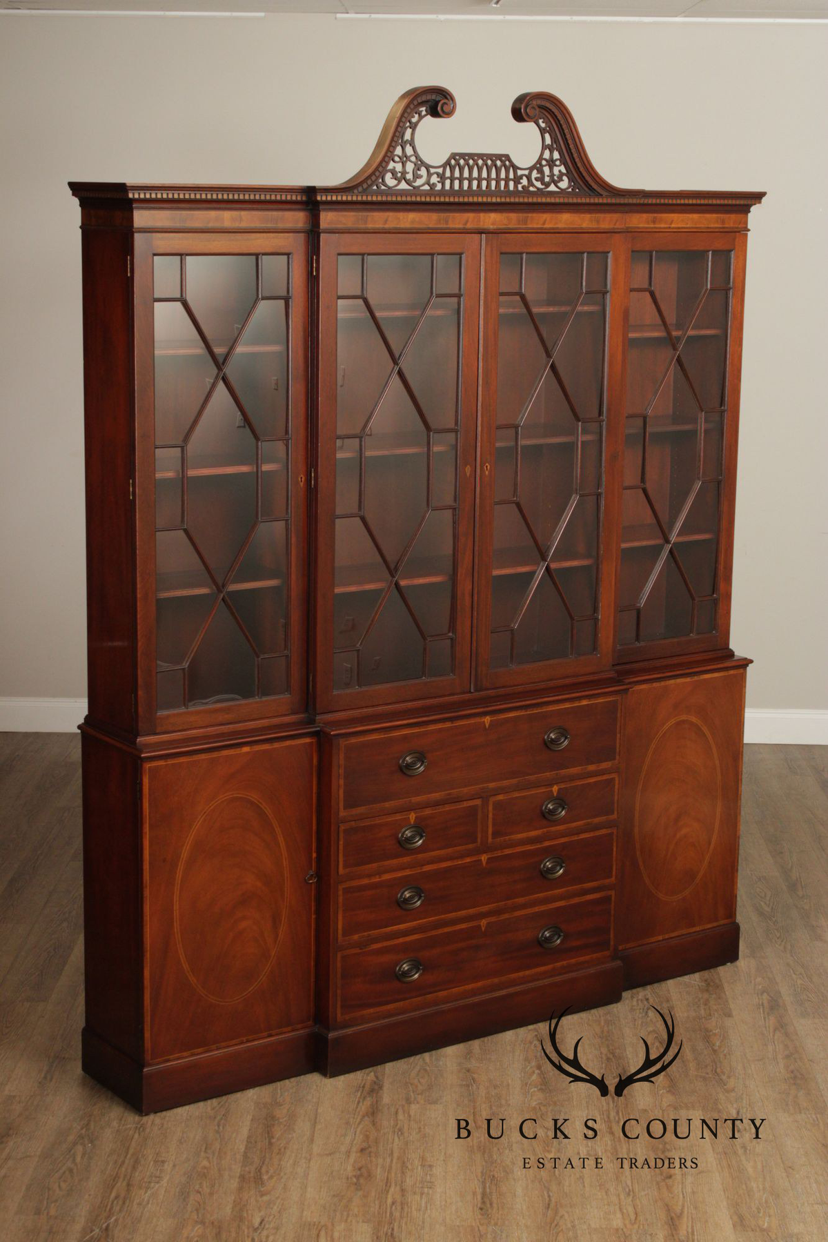 Baker Furniture Mahogany Inlaid Federal Style Breakfront Secretary Bookcase