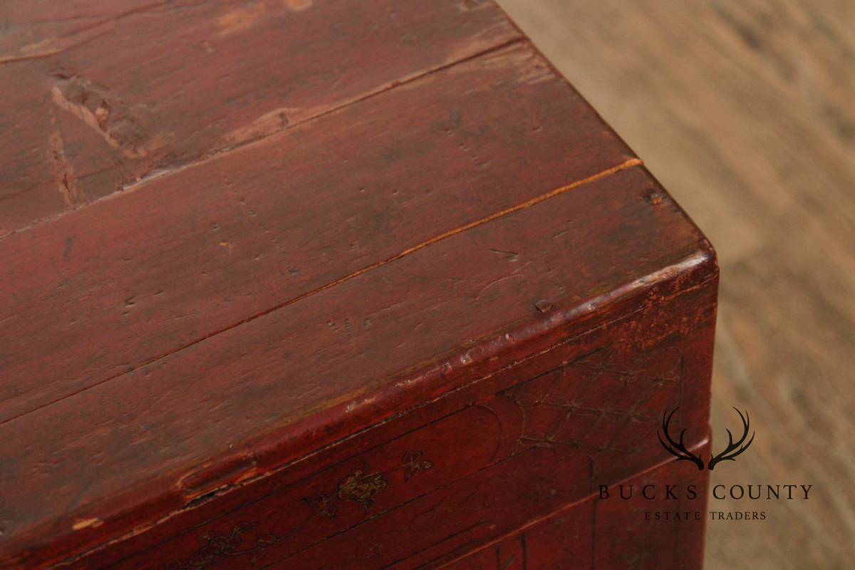 Chinese Export Style Red Lacquered Trunk With Brass Hardware On Custom Black Stand, Coffee Table