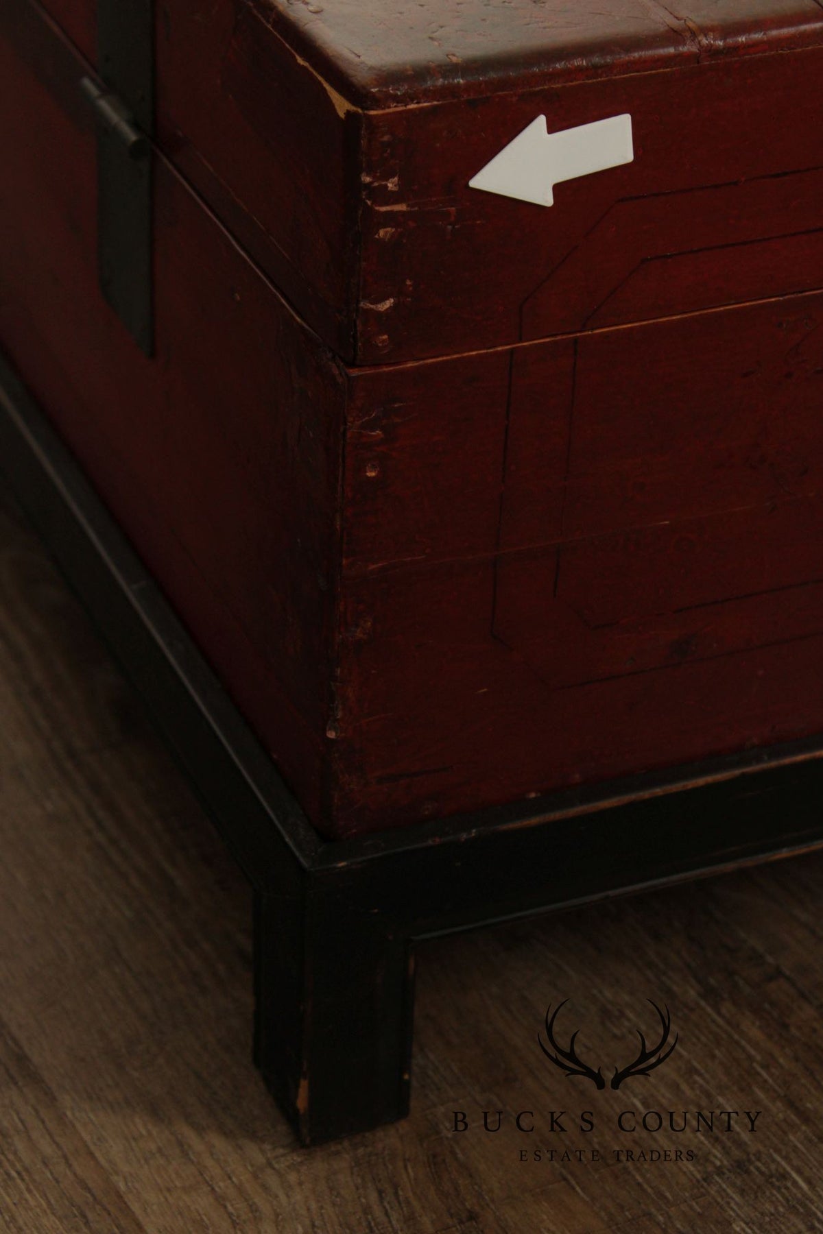 Chinese Export Style Red Lacquered Trunk With Brass Hardware On Custom Black Stand, Coffee Table