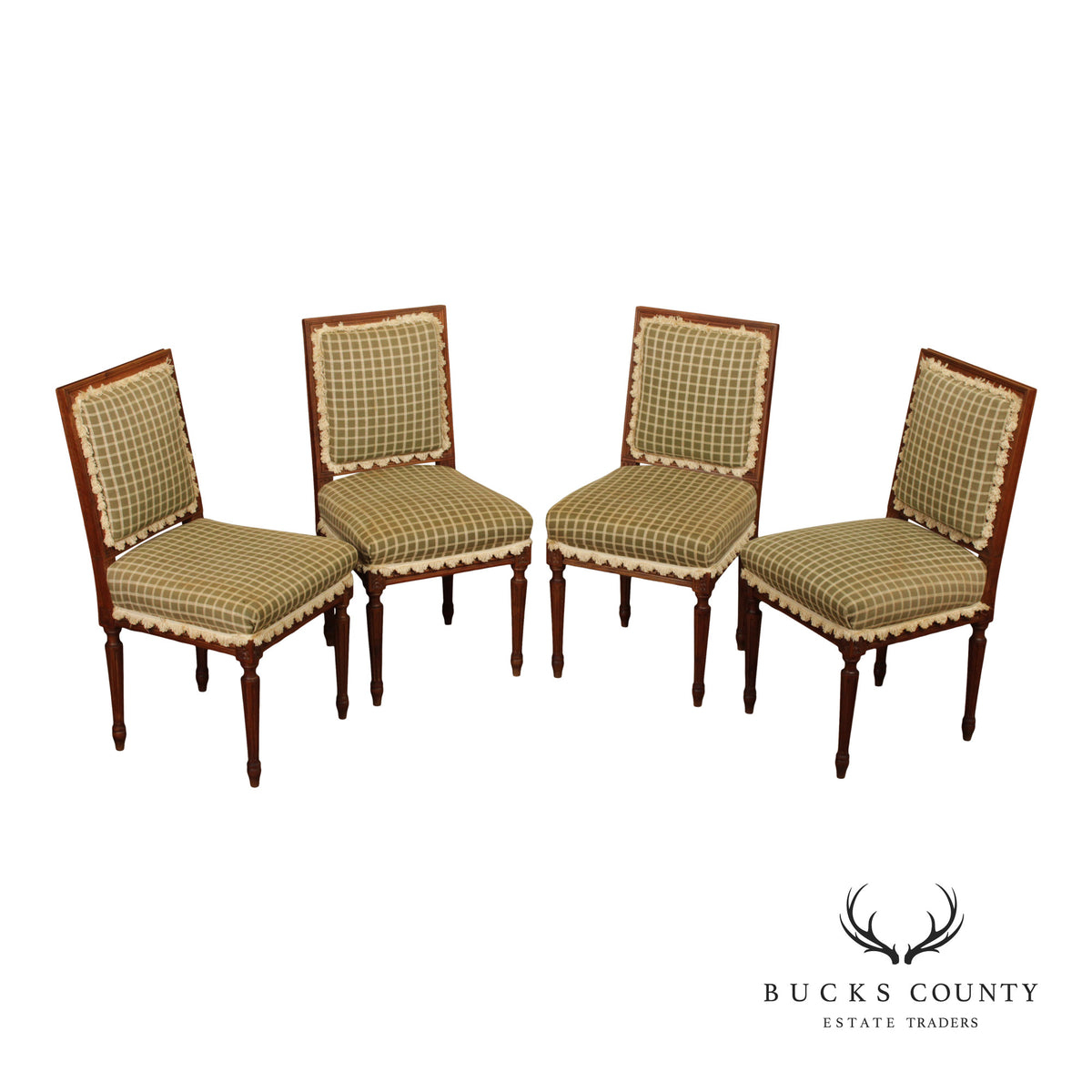 French Louis XVI Style Set Of Four Carved Walnut Dining Chairs