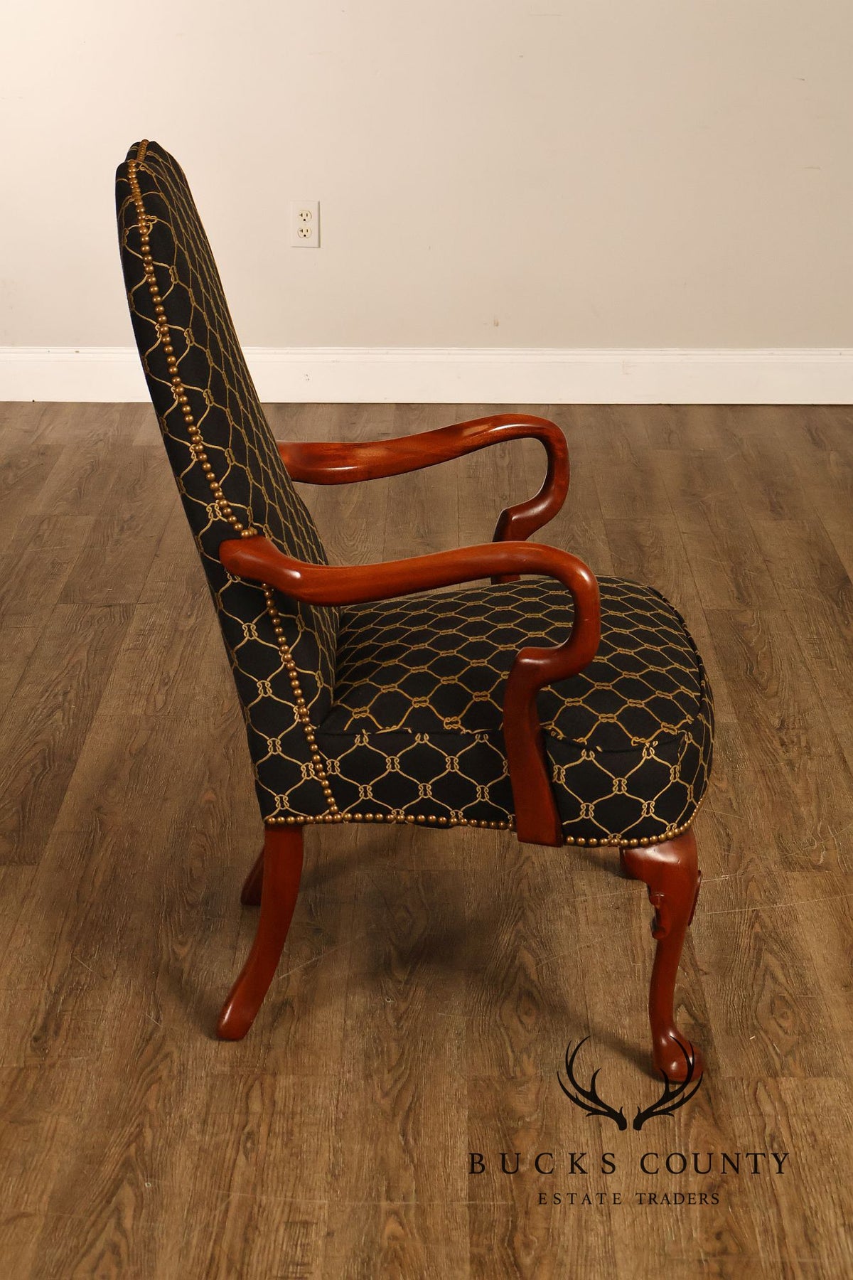 Queen Anne Style Pair Of Tall Back Upholstered Armchairs