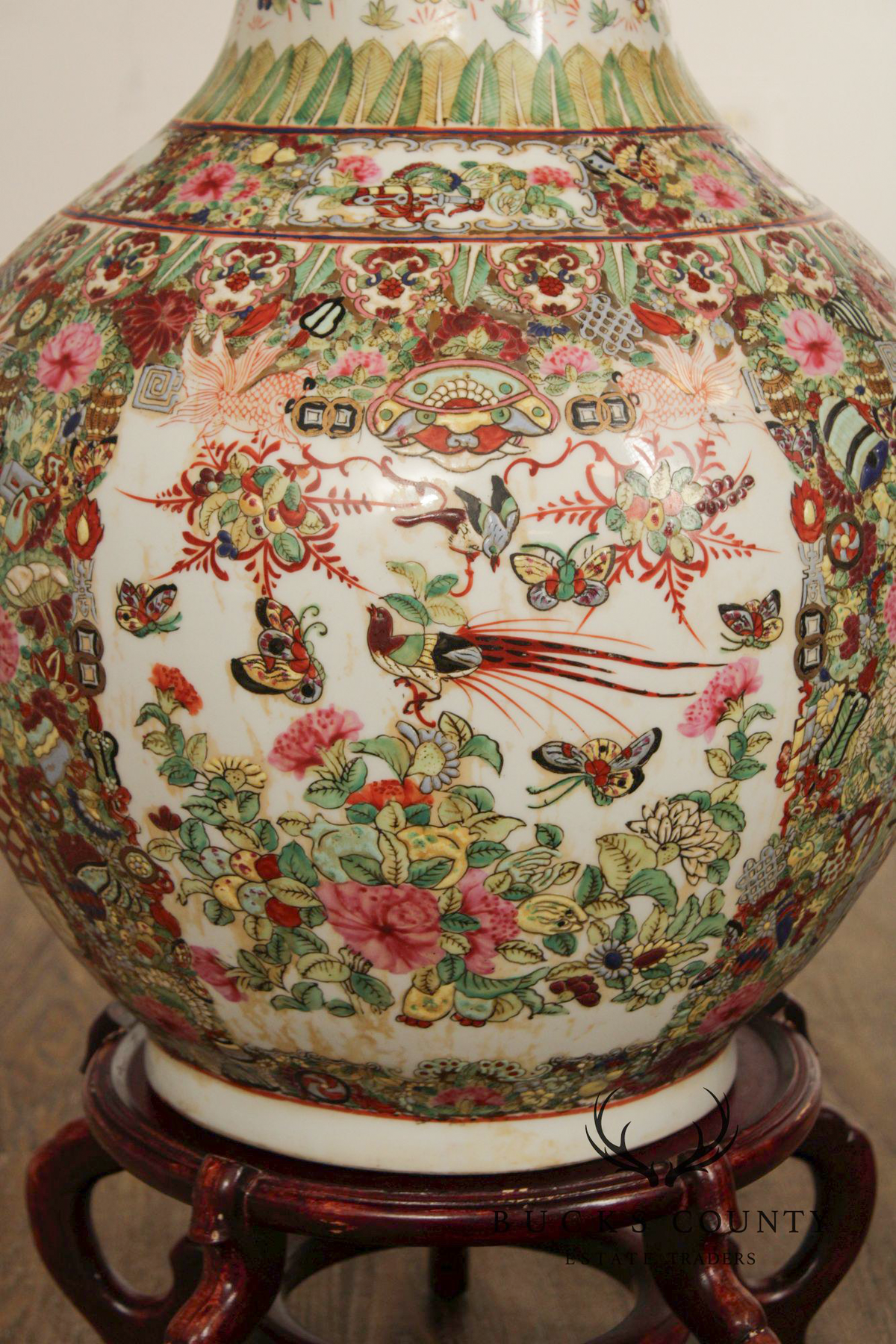 Chinese Rose Medallion Porcelain Palace Floor Vase on Stand