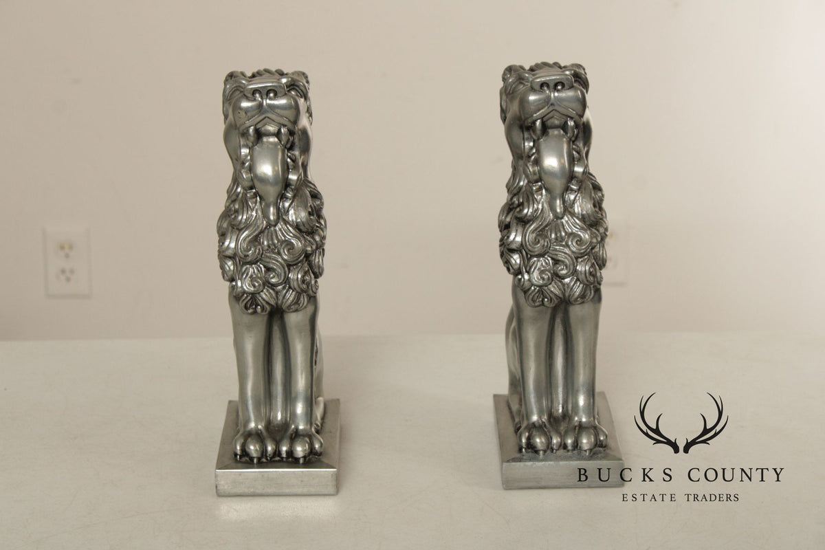 Vintage Pair Of Silvered Metal Lion Bookends