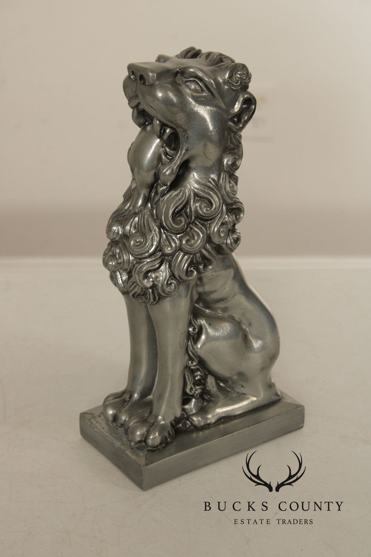Vintage Pair Of Silvered Metal Lion Bookends