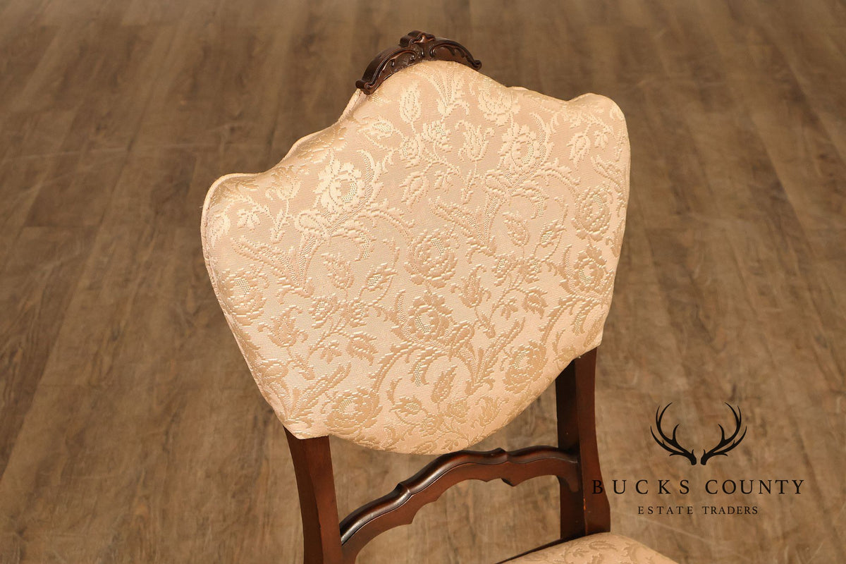 Traditional Mahogany Carved Side Chair With Floral Damask Upholstery