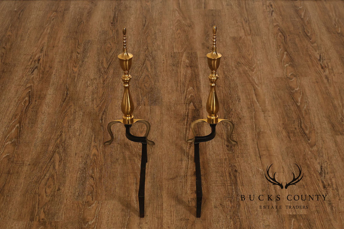 Federal Style Pair of Brass Fireplace Andirons