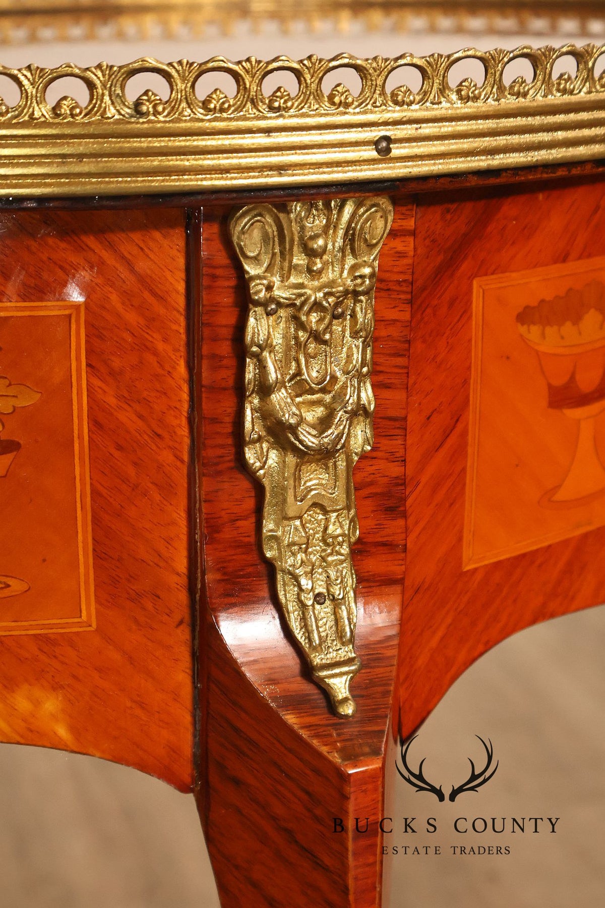 French Louis XVI Style Inlaid Oval Accent Table With Ormolu Mounts