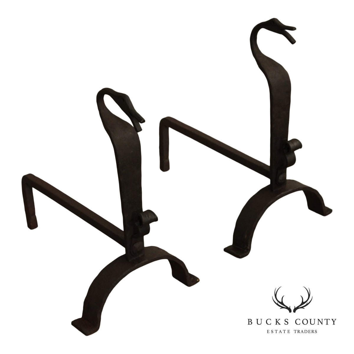 Arts & Crafts Pair of Wrought Iron Duck Fireplace Andirons