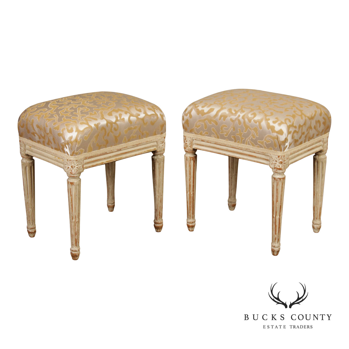 French Louis XVI Style Vintage Pair Painted Stools With Upholstered Seats
