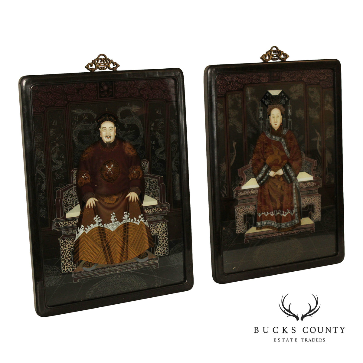 Chinese Pair of Reverse-Painted Glass Ancestral Portraits
