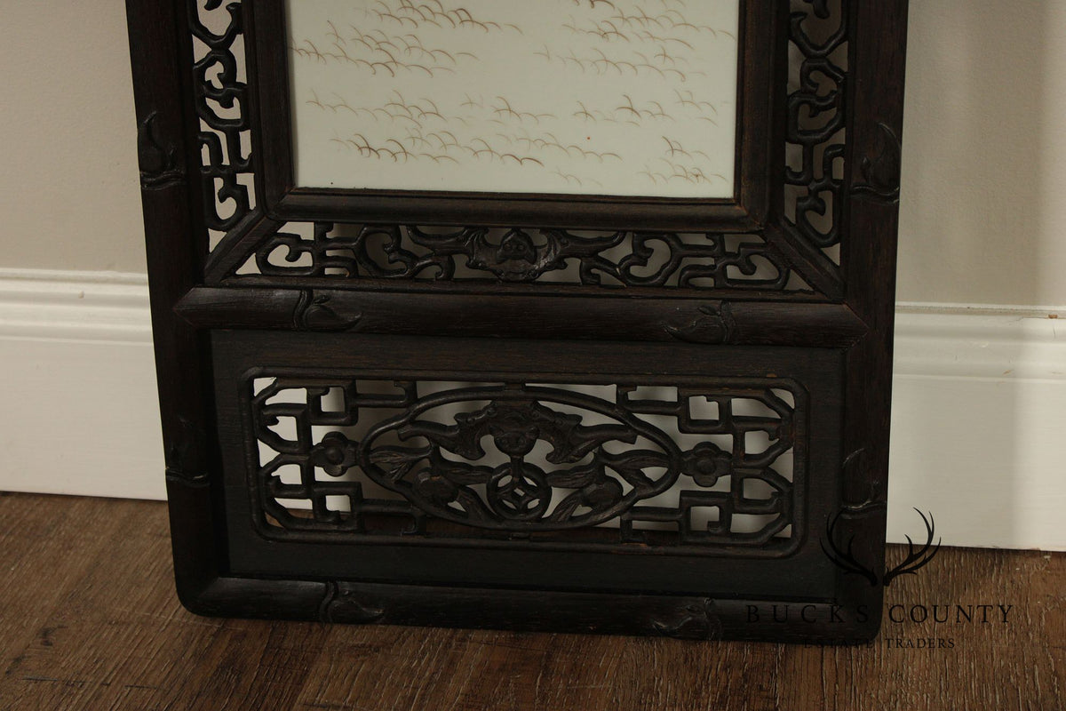 Vintage Chinese Set of Three Framed Porcelain Wall Plaques