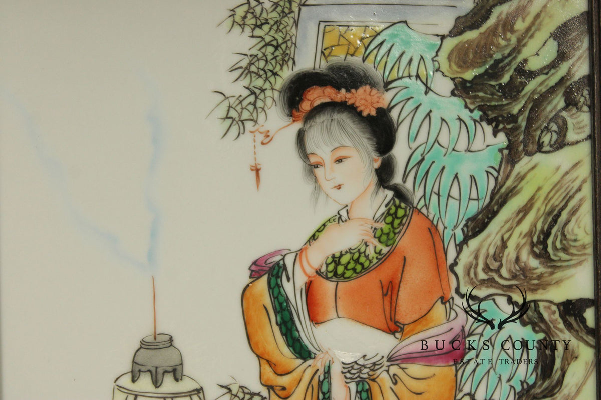 Vintage Chinese Set of Three Framed Porcelain Wall Plaques