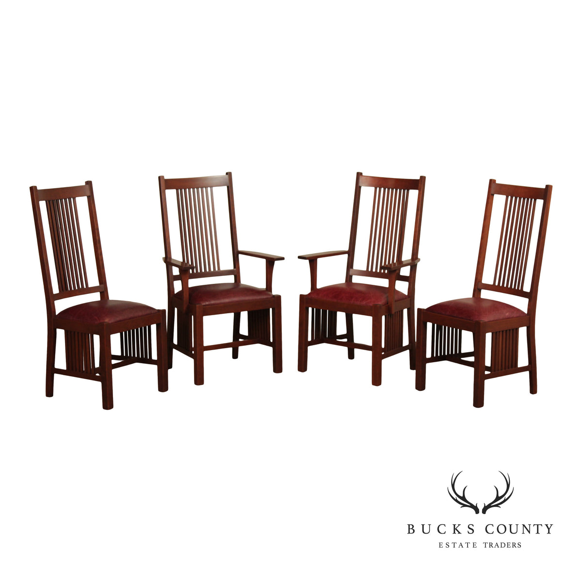 Zimmerman Mission Style Custom Set Of Four Cherry And Leather Spindle Dining Chairs