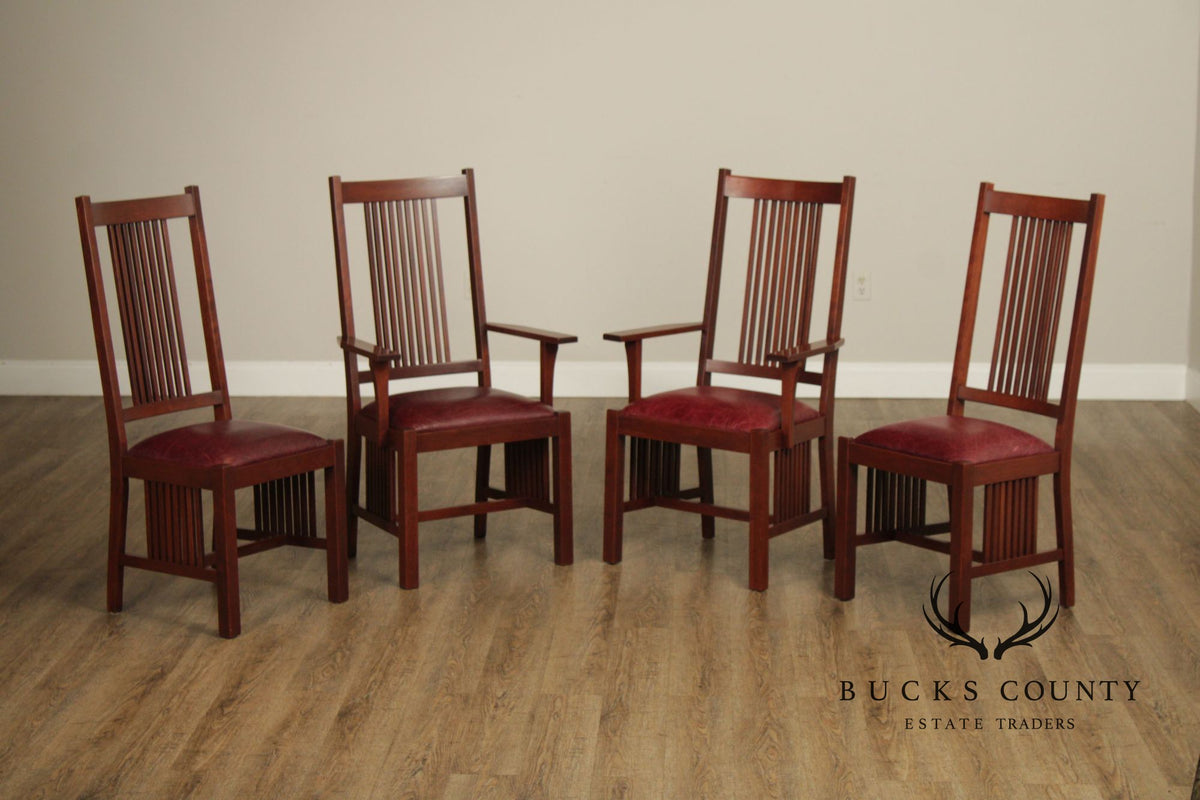 Zimmerman Mission Style Custom Set Of Four Cherry And Leather Spindle Dining Chairs