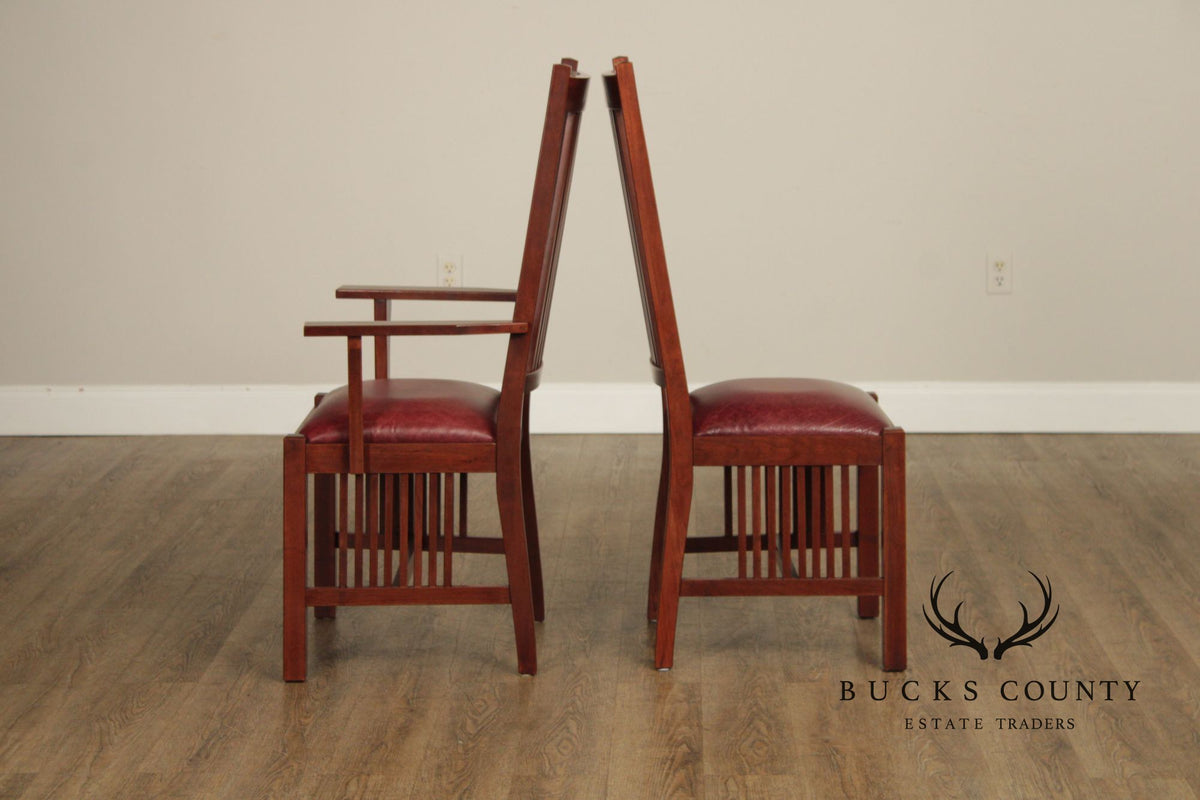Zimmerman Mission Style Custom Set Of Four Cherry And Leather Spindle Dining Chairs