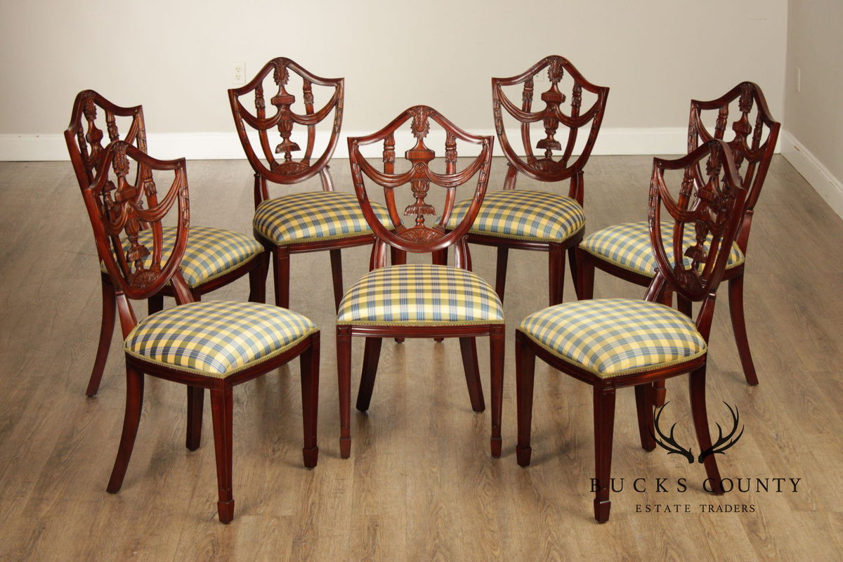 Maitland Smith  Hepplewhite Style Set Of Seven Shield Back Mahogany Dining Chairs