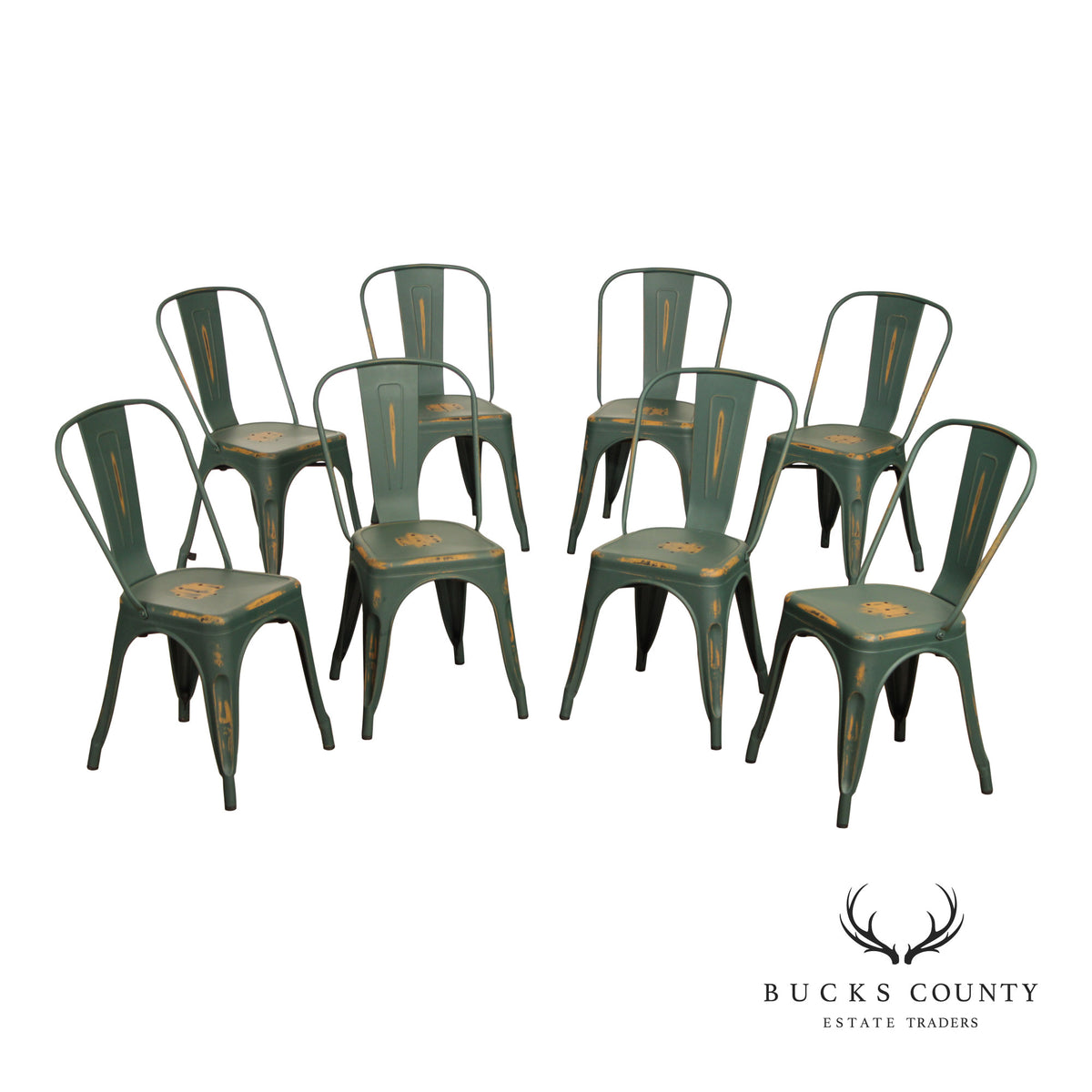 Set Of 8 Industrial Style Distressed Metal Bistro Chairs