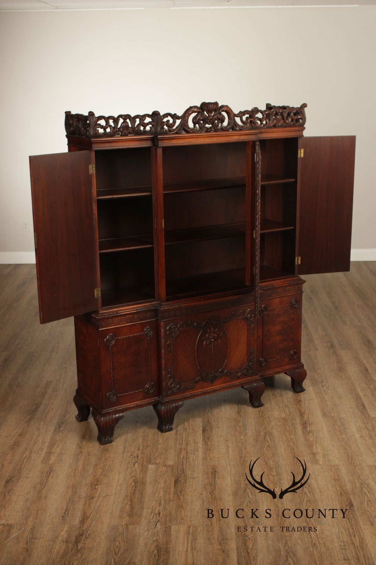 Georgian Style Hand Painted Mahogany Breakfront Cabinet