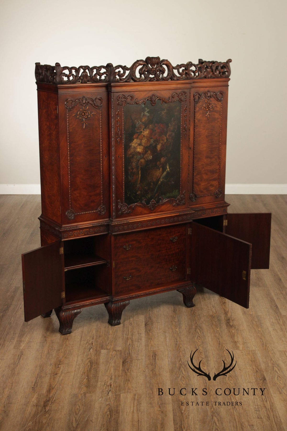 Georgian Style Hand Painted Mahogany Breakfront Cabinet