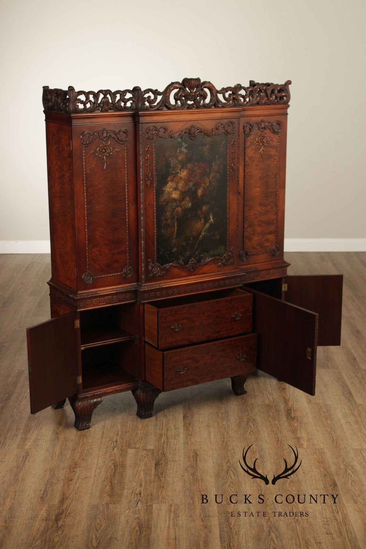 Georgian Style Hand Painted Mahogany Breakfront Cabinet