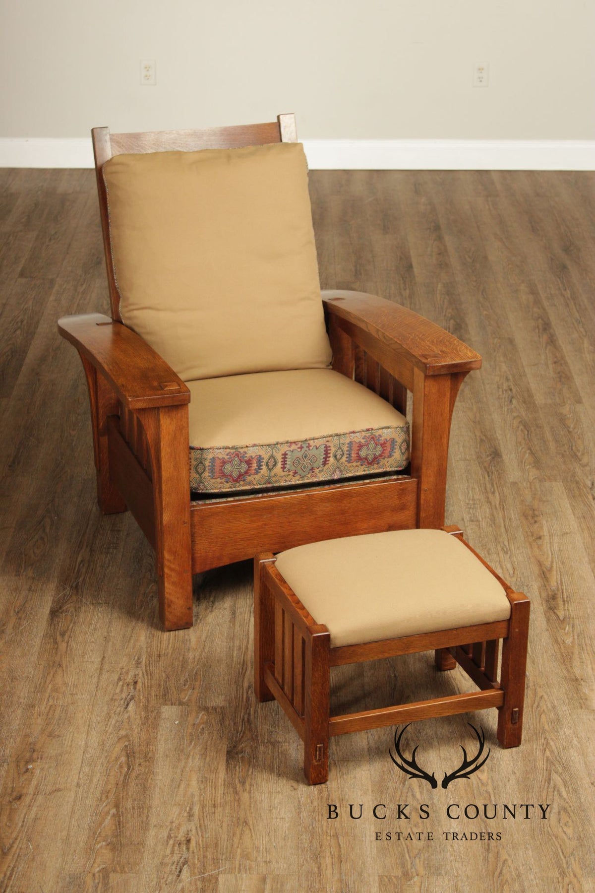 Stickley Mission Oak Collection Bow Arm Morris Chair and Ottoman
