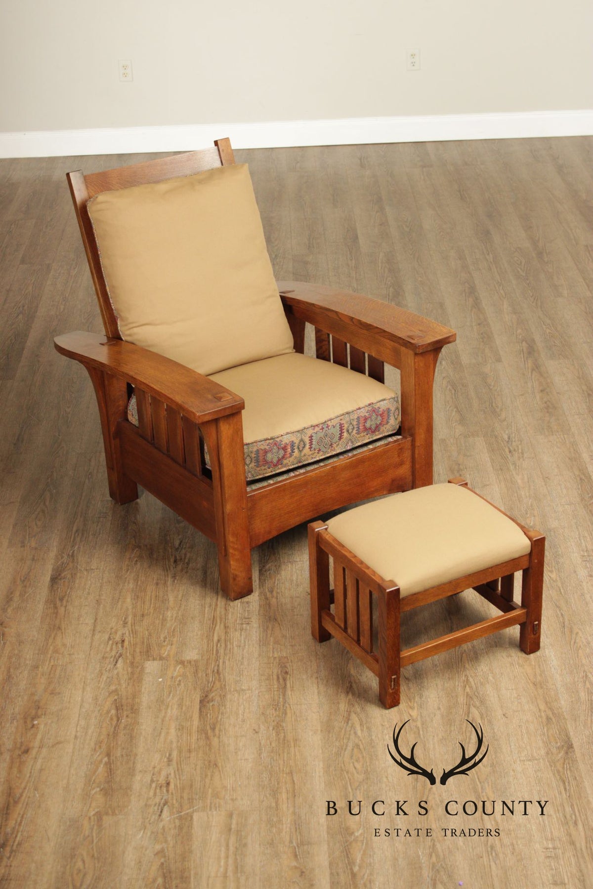 Stickley Mission Oak Collection Bow Arm Morris Chair and Ottoman