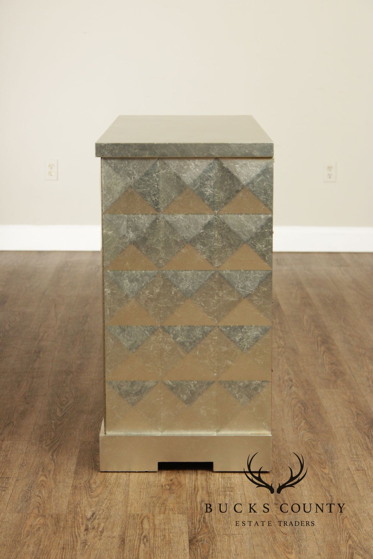 Baker Furniture Pair Of Barbara Barry Silver Leaf Diamond Front Cabinets