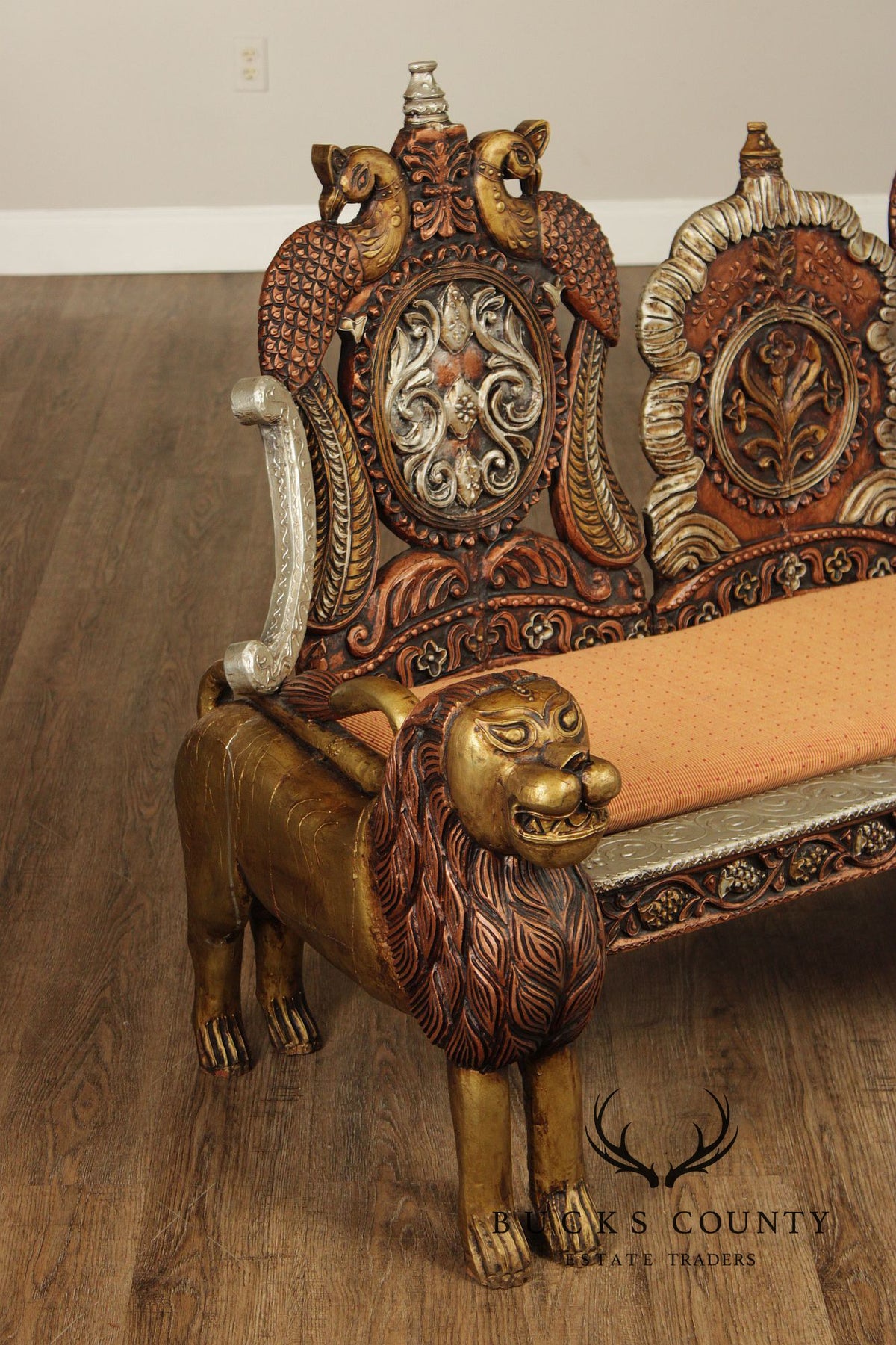 Hand Carved Painted And Gilt Lion And Peacock Motif Settee