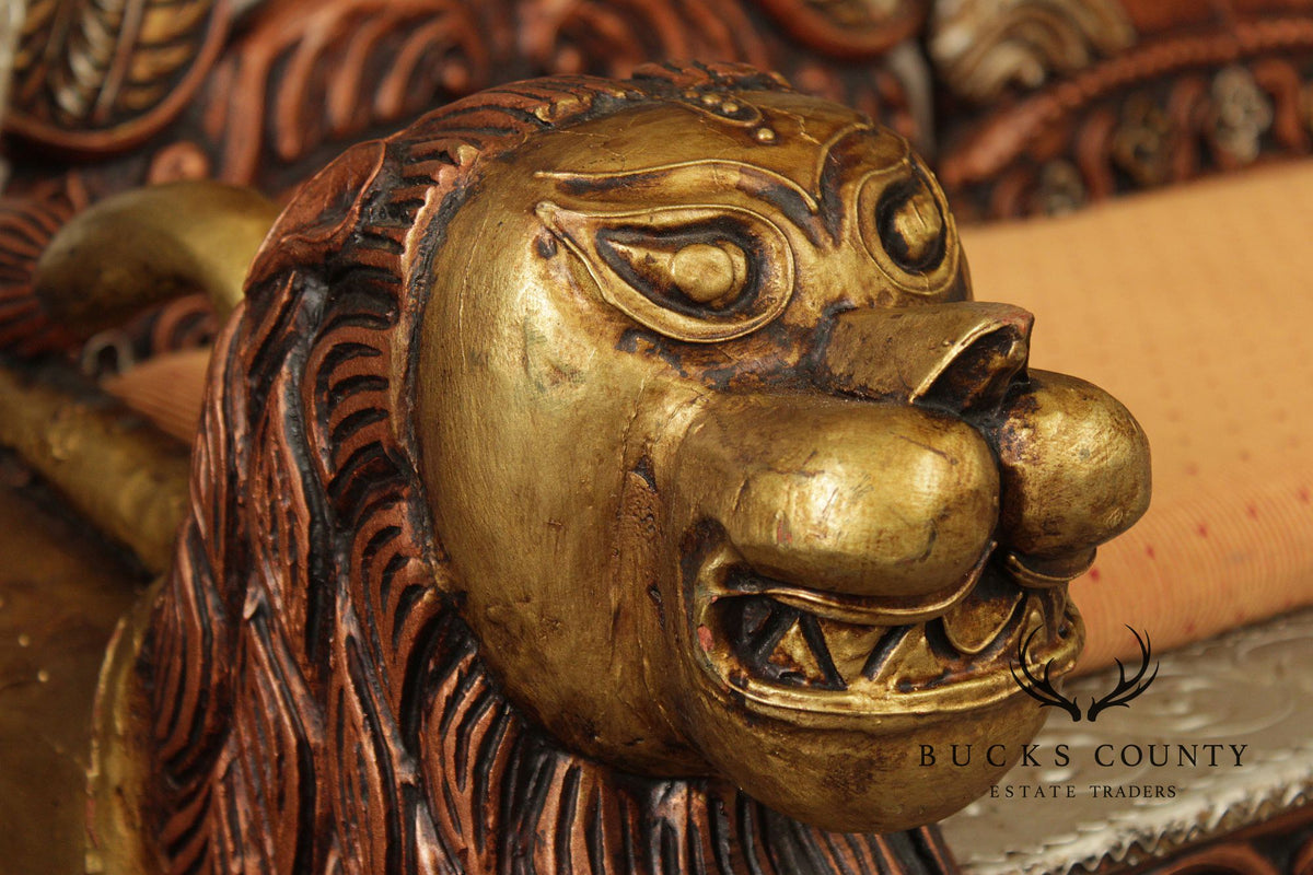 Hand Carved Painted And Gilt Lion And Peacock Motif Settee