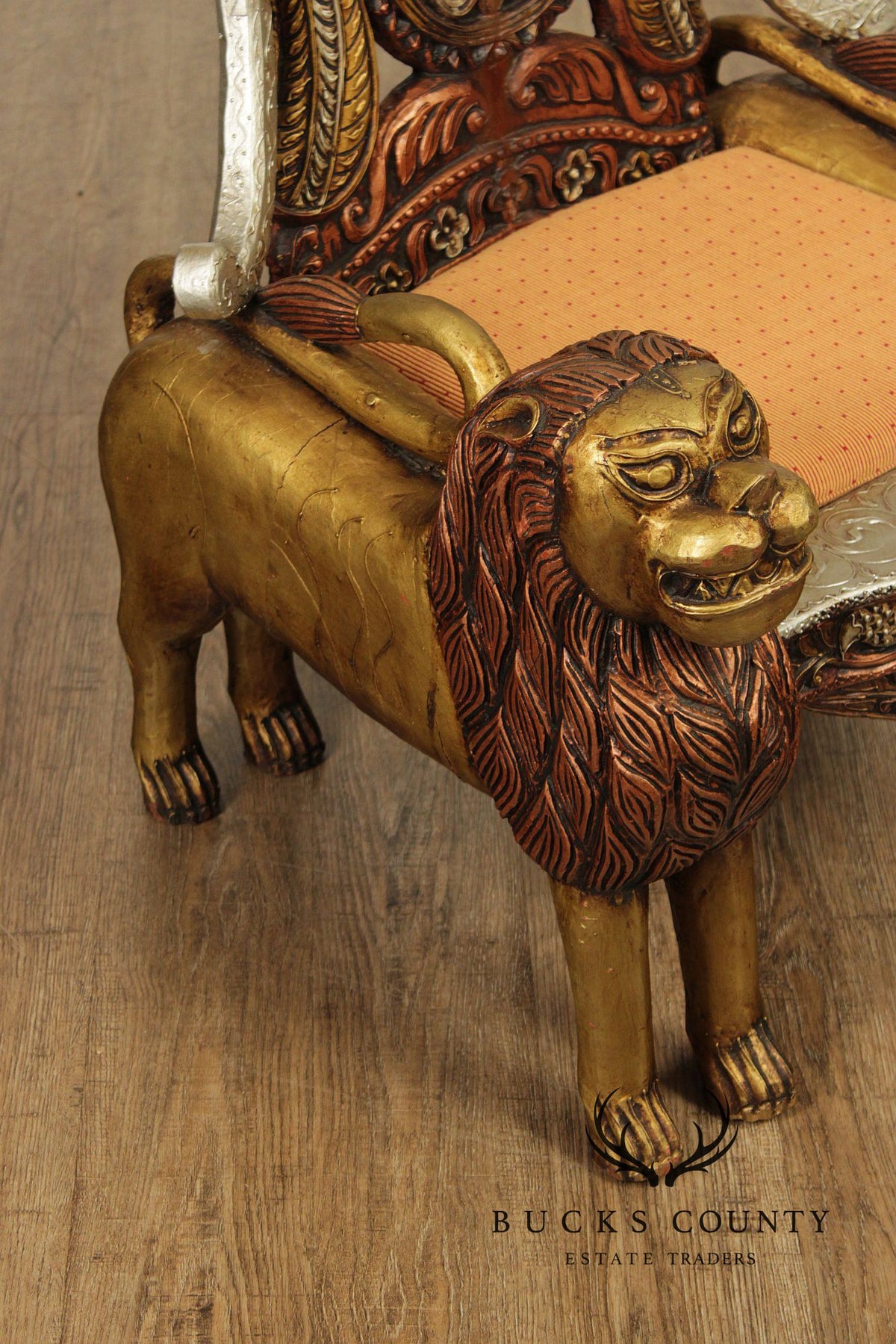 Hand Carved Painted And Gilt Lion And Peacock Motif Pair Of Throne Chairs