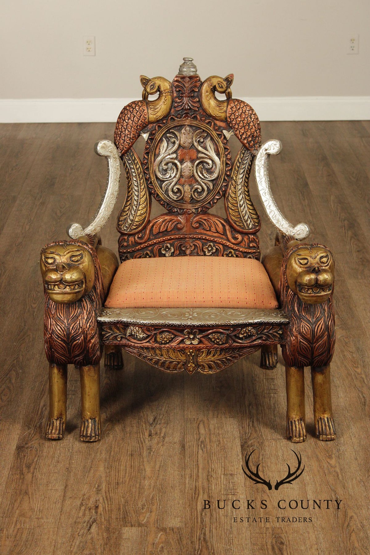 Hand Carved Painted And Gilt Lion And Peacock Motif Pair Of Throne Chairs