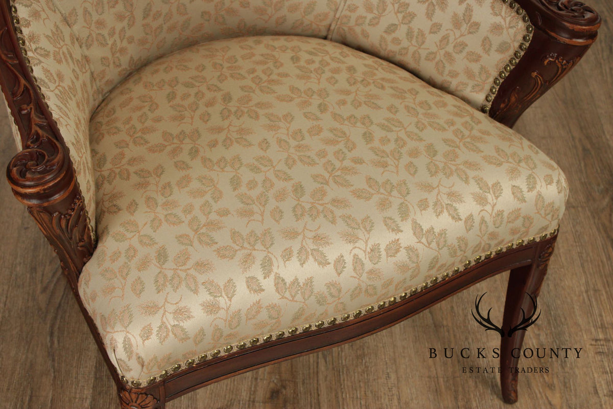 1930's French Louis XVI Style Carved Mahogany Fireside Bergere Chair