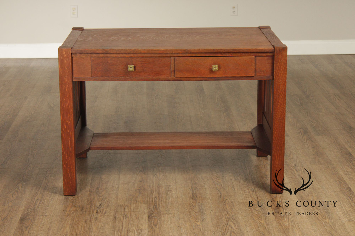 Antique Arts & Crafts Mission Oak Two Drawer Library Table Desk