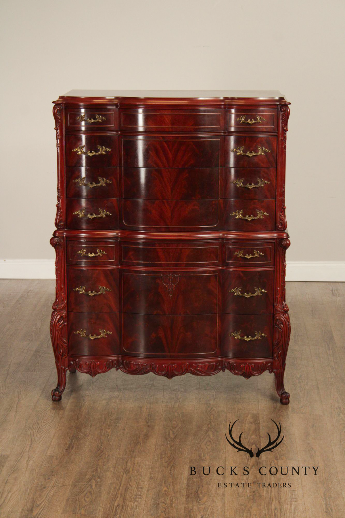 1940's French Louis XV Style Flame Mahogany Tall Chest