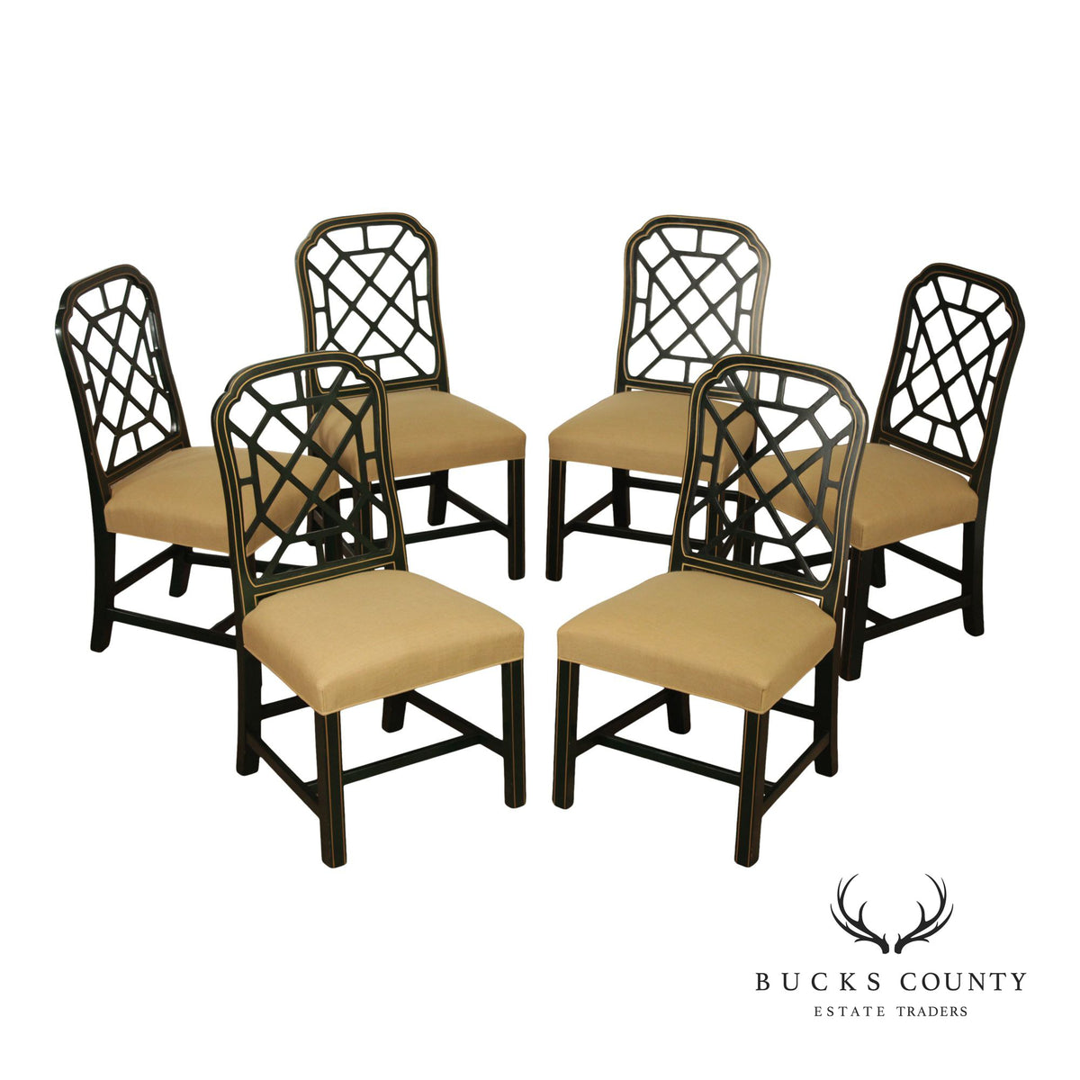 Chinese Chippendale Style Painted Lattice Back Set Of Six Dining Chairs